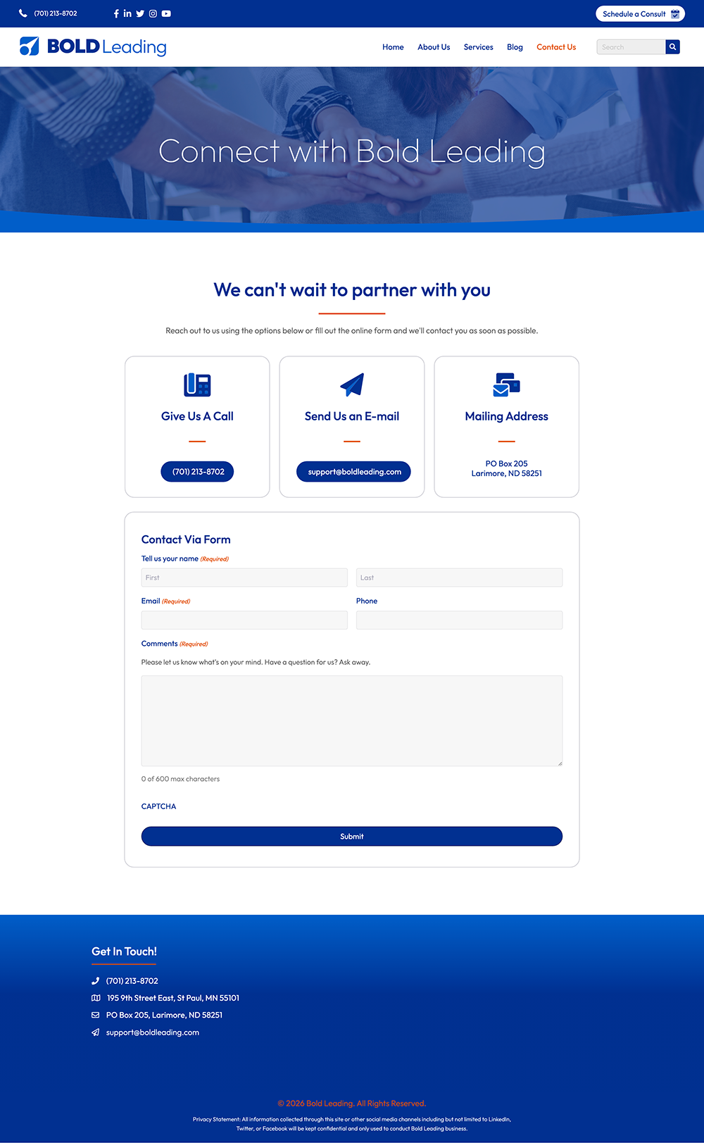 screen capture of bold leading website