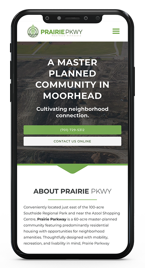 Prairie PKWY website mocked up on a phone