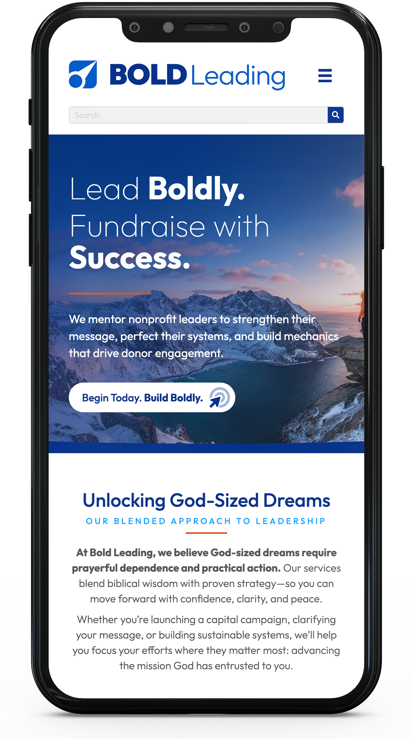 bold leading website mocked up on a phone